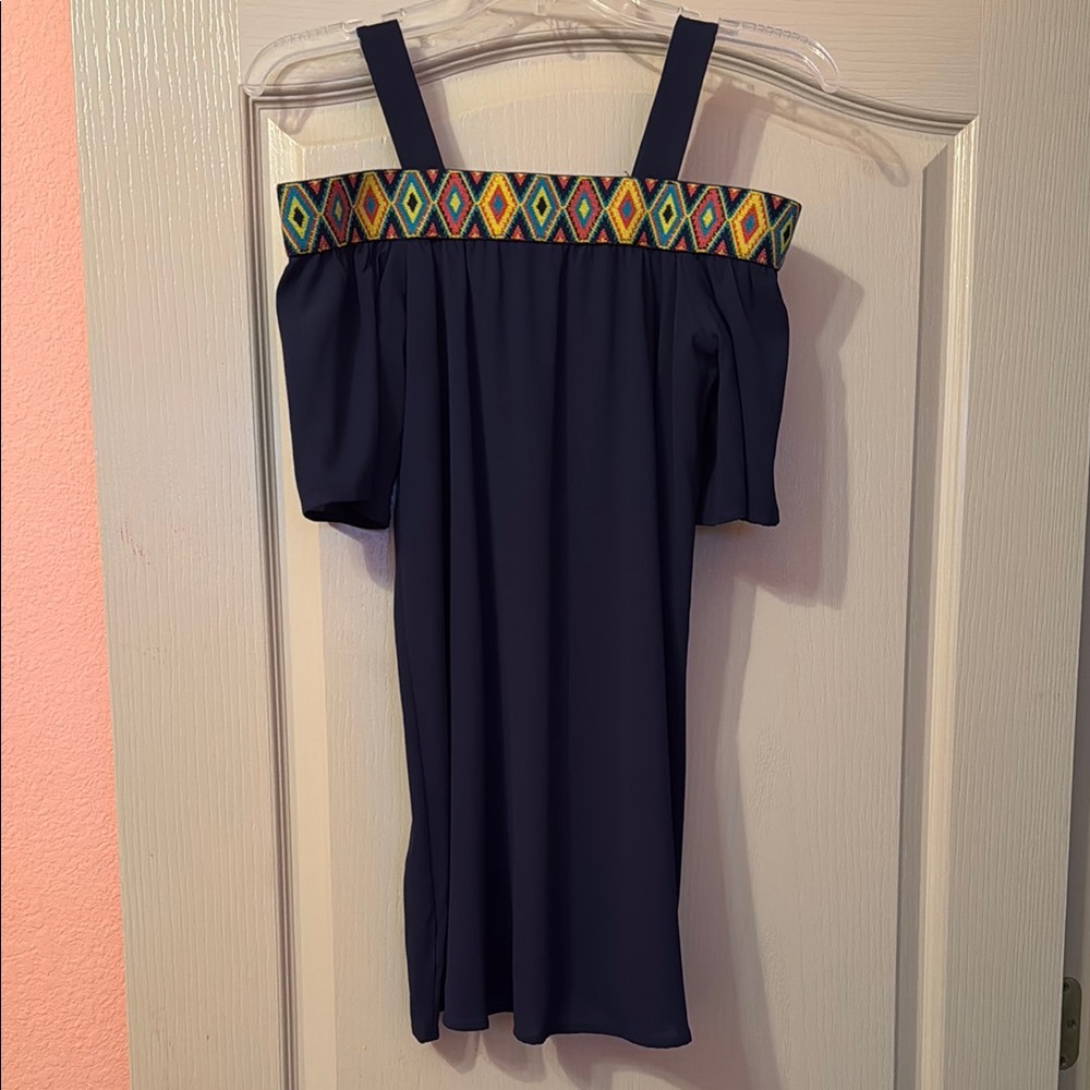 Navy Off-Shoulder Dress with Multicolor Trim
